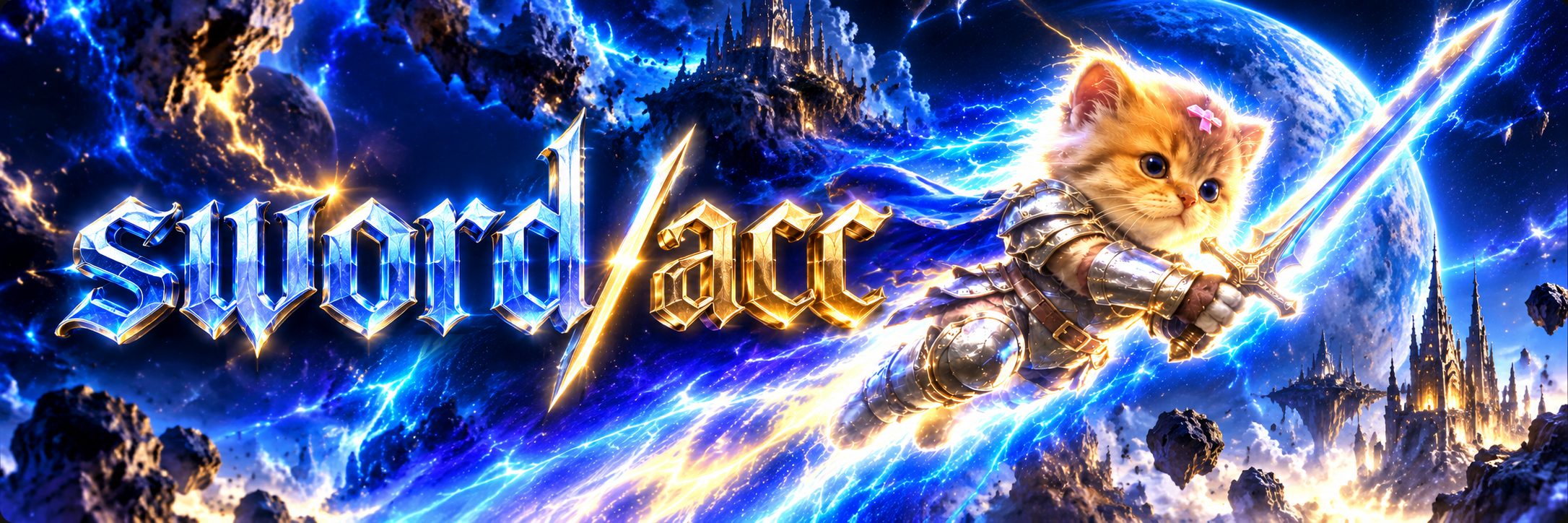 swordcat/acc banner: the kitten flying through space with a glowing sword