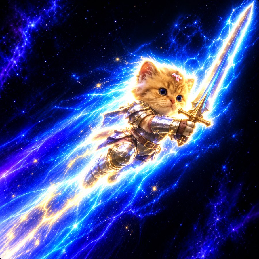 The kitten in armor flying through space with a glowing sword